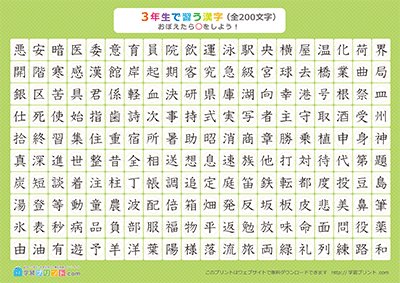 小学3年生の漢字一覧表（丸チェック表） グリーン A4